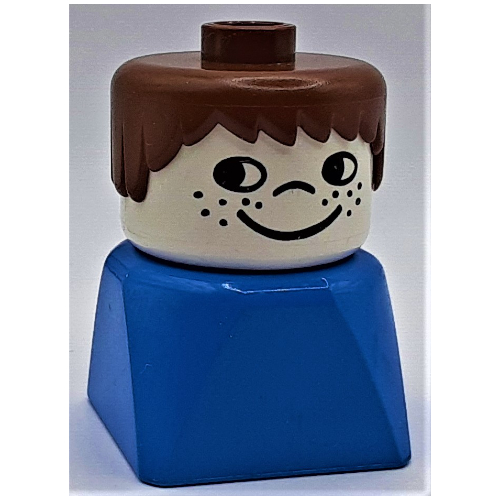 Lego Duplo 2 x 2 x 2 Figure Brick Early, Short Spiky Hair Brown, Cheek Freckles Print / Blue