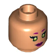 Minifig Head Starfire, Magenta Eyebrows and Lips, Lime Eyes, Smile / Scared Print / Nougat