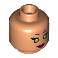 Lego Minifig Head Starfire, Magenta Eyebrows and Lips, Lime Eyes, Smile / Scared Print / Nougat
