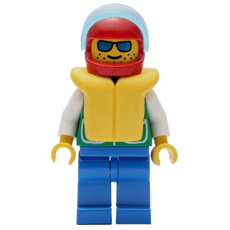 Lego Man, Green Jacket, Blue Legs, Red Helmet with Visor, Yellow Life Vest, Blue Sunglasses