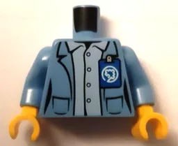Torso Jacket Open with Pockets over Bright Light Blue Shirt with Buttons, Blue Tag with White Play Day Cognitive Puzzle Piece Logo Pattern / Medium Blue Arms / Yellow Hands