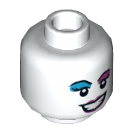 Lego Minifig Head Harley Quinn, Dark Azure and Lavender Eye Shadow, Mean Smile with Teeth / Tongue Sticking Out Print / White