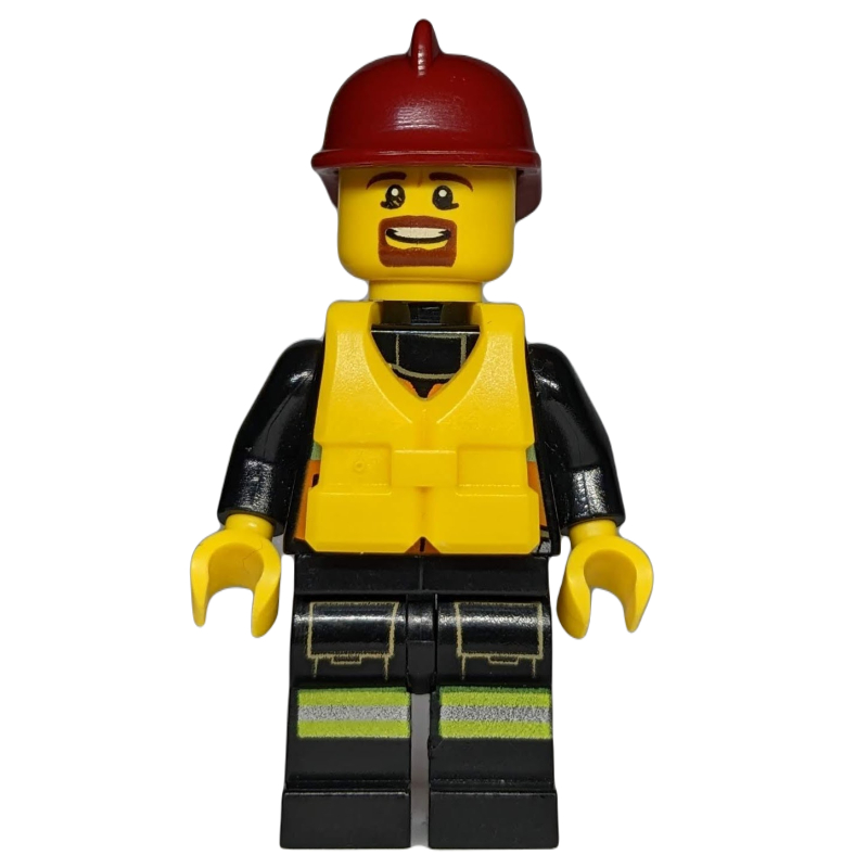 Lego Fireman, Orange Safety Vest with Radio, Dark Red Helmet, Yellow Life Vest, Goatee Beard