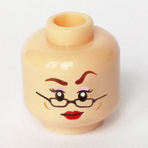 Lego Minifig Head Rita Skeeter, Thin Semi-circle Glasses, Raised Left Eyebrow, Red Lips, Cheek Lines, Smile / Frown Print / Light Nougat