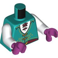Lego Torso, Tunic, Gold Trim, Laces, Dark Red Belt, Laces, White Shirt print, White Arms, Magenta Hands / Dark Turquoise