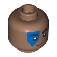 Lego Minifig Head Varl, Black Eyebrows, Blue Shape over Right Eye, Smile/Angry / Medium Brown