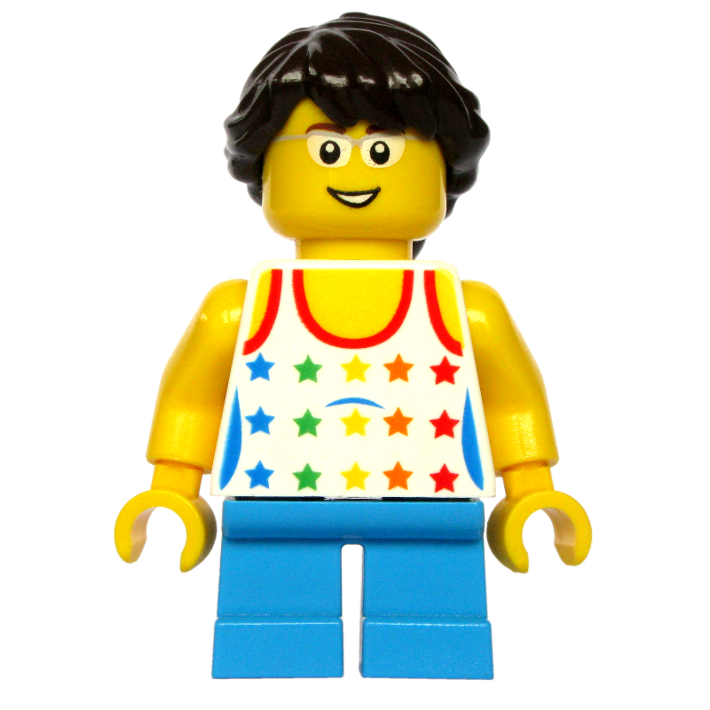 Lego Kid - White Torso, Dark Azure Legs, Dark Brown Hair