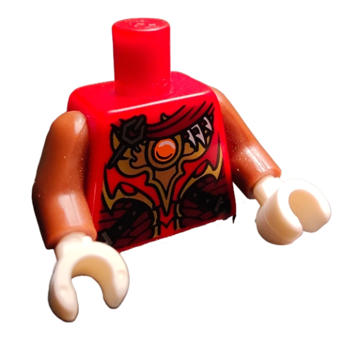 Lego Torso Armor, Gold Plates, Black Straps, Red Jewel, Reddish Brown Cloak print, Reddish Brown Arms, White Hands / Red