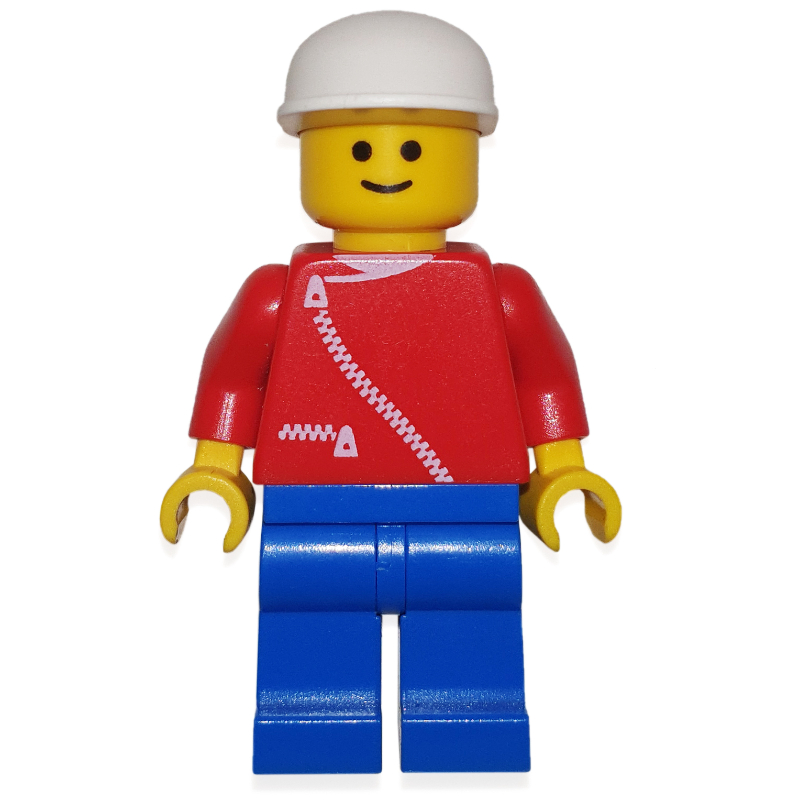 Lego Man, Red Jacket with Zipper and Pockets, Blue Legs, White Cap