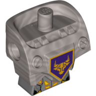Lego Minifig Modified Torso, Armor with Pin Holes with Orange and Gold Circuitry Pattern #1 and Orange Bull Head on Dark Purple Pentagonal Shield Print / Flat Silver