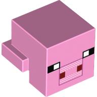 Lego Minifig Head Special, Cube with Rear Ledge, Pixelated Black, White and Dark Red Face, White Spots on Snout Print (Pig) / Bright Pink