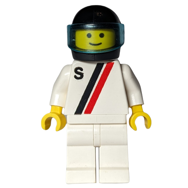 Lego Racer, White Shirt with Two Stripes and 'S', White Legs, Black Helmet with Visor (3626a Head)