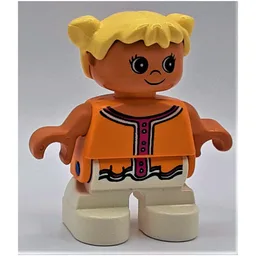 Duplo Figure, Early Child, with Pigtails Light Yellow, White Legs, Dark Pink Collar and Buttons Print / Orange