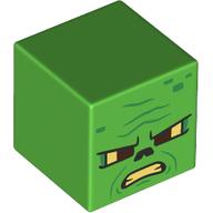 Lego Minifig Head Special, Cube with Semi-Pixelated Zombie, Angry, Bright Light Yellow Eyes, Mouth, Dark Green Wrinkles print / Bright Green