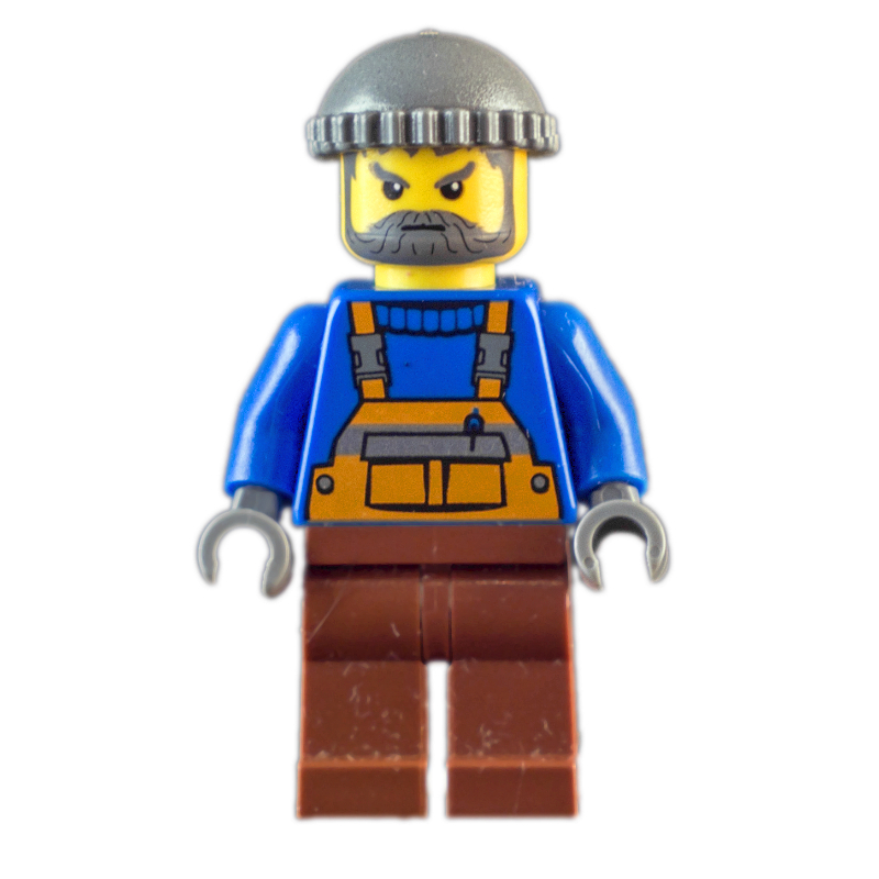Lego Man, Orange Overalls over Blue Sweater, Reddish Brown Legs, Dark Bluish Gray Hat, Beard