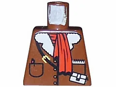 Torso Jacket with Buttons, Pockets, and White Fur Collar, Black Strap with Pouch and Yellow Buckle, Red Scarf, Pen, Notepad Pattern / Brown