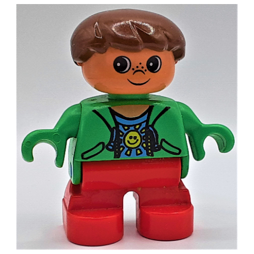 Lego Duplo Figure, Early Child, Hair Swept Left Brown, Red Legs, Open Jacket Print / Bright Green