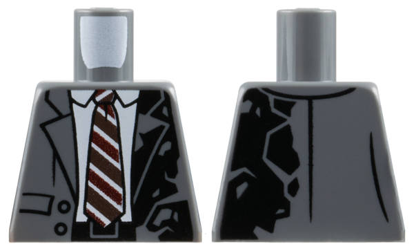 Lego Torso Suit Jacket Open with Pockets, Buttons and Burned Left Side over White Shirt, Tie with Dark Red and Dark Brown Stripes, Black Belt Pattern