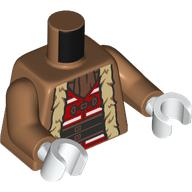 Lego Torso, Coat with Tan Fur Trim, Red/White Strips Shirt, Black Belt, Buttons print, Medium Nougat Arms, White Hands / Medium Nougat