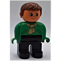 Duplo Figure, Early, with Short Parted Hair Brown, Black Legs, Yellow Scarf Print / Green
