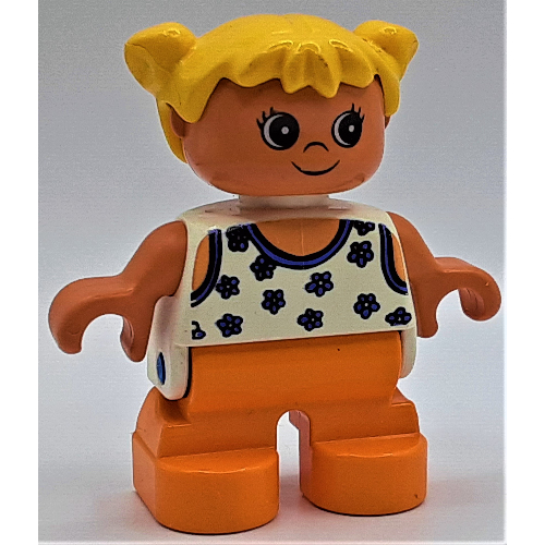 Lego Duplo Figure, Early Child, with Pigtails Yellow, Orange Legs, Blue Flowers Print / White