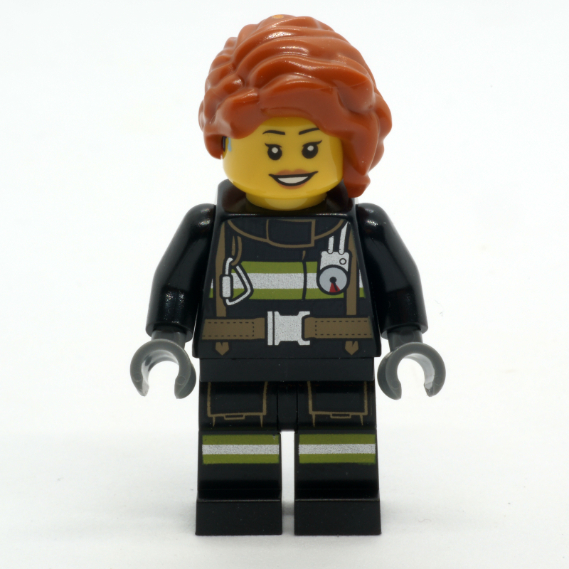Lego Firefighter, Black Fire Suit, Dark Orange Long Hair, Hearing Aid