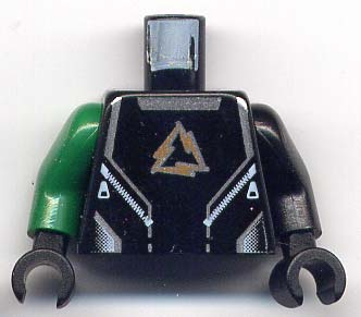 Lego Torso Alpha Team Arctic Logo, Black Shirt and Silver Lines Pattern / Black Arm Left / Green Arm Right / Black Hands