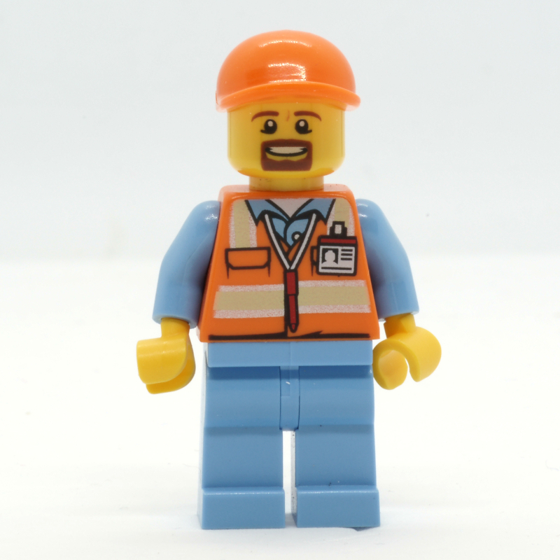 Lego Ground Crew, Orange Safety Vest, Medium Blue Legs, Orange Cap, Goatee Beard