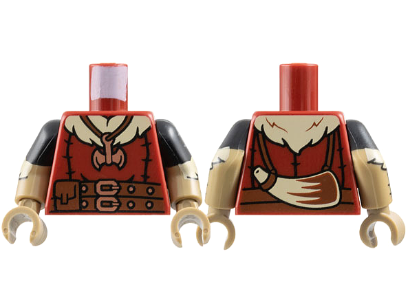Lego Torso Coat, Tan Fur Collar, Reddish Brown Belts, Copper Buckles, Axe Necklace, Cow Horn on Back Pattern / Dark Tan Arms with Molded Black Short Sleeves and Printed Fur Pattern / Dark Tan Hands