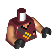Lego Torso Pixelated Silver Belt, Bright Light Orange and Yellow Buckle / Reddish Brown and Yellow Print, Nougat Arms, Black Hands / Dark Red