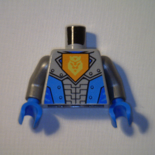 Lego Torso Armor, Orange Emblem with Yellow Crowned Lion and Dark Azure Panels print, Flat Silver Arms, Blue Hands / Light Bluish Gray