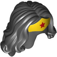 Lego Hair and Tiara, Long Wavy, Yellow Tiara with Red Star Print (Wonder Woman) / Black
