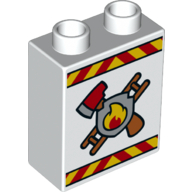 Lego Duplo Brick 1 x 2 x 2 with Bottom Tube and Fire Logo Print / White
