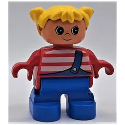 Duplo Figure, Early Child, with Pigtails Yellow, Blue Legs, White Stripes and Blue Overalls with One Strap Print / Red