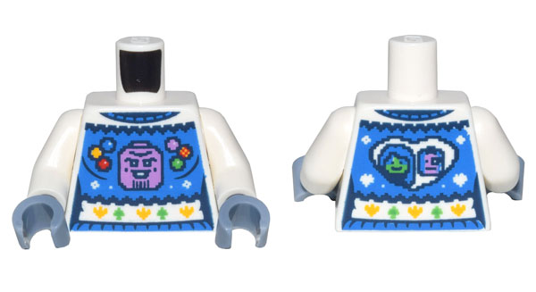 Lego Torso Female Holiday Sweater with Blue Panel, Collar and Waistband, Medium Lavender Thanos Head, Infinity Stones, and Heart with Gamora and Nebula Heads on Back Pattern / White Arms / Sand Blue Hands