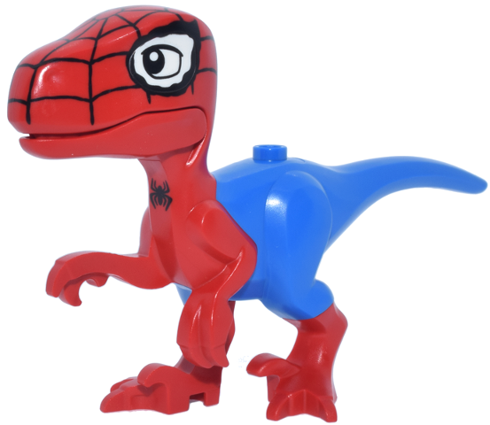 Lego Dinosaur Raptor / Velociraptor with Molded Blue Pants and Tail and White Eye Patches and Printed Black Eyes, Webbing and Spider Pattern (Marvel Spidey-Rex)