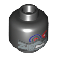 Lego Minifig Head General Cryptor, Red Eyes, Silver Plates Print / Black