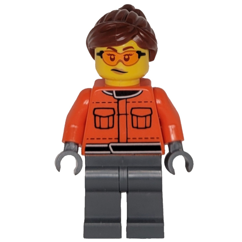 Lego Pit Crew, Reddish Orange Torso, Dark Bluish Grey Legs, Female, Reddish Brown Hair