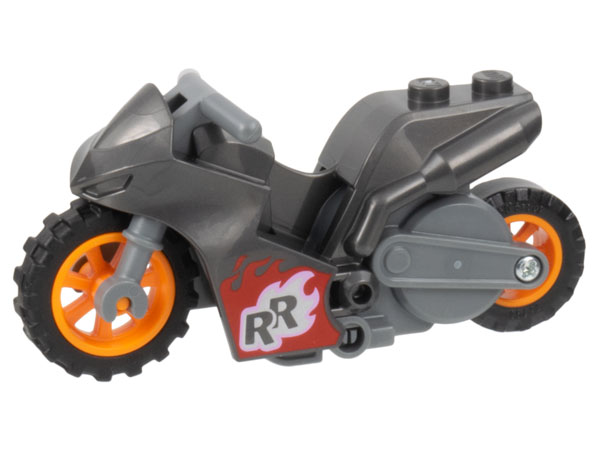 Lego Stuntz Flywheel Motorcycle Sport Bike Tapered Front with Dark Bluish Gray Frame, Orange Wheels, and Dark Bluish Gray Handlebars with 'RR' in Silver Flames and Red and Blue Flame on Opposite Sides Pattern