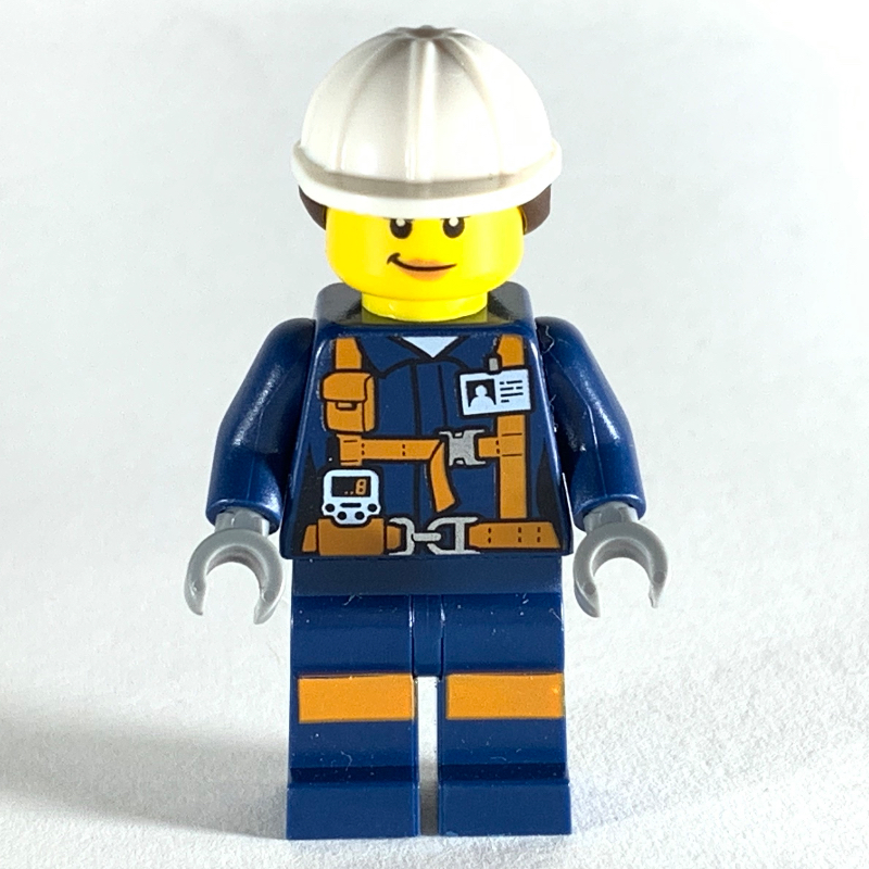 Lego Miner, Woman, Dark Blue Jacket with Straps and ID Badge, White Hard Hat with Hair, Smirk