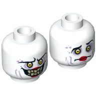 Lego Minifig Head Jestro, Dual Sided, Sunken Yellow Eyes, Red Lips, Evil Smile with Teeth / Confused Print [Hollow Stud] / White