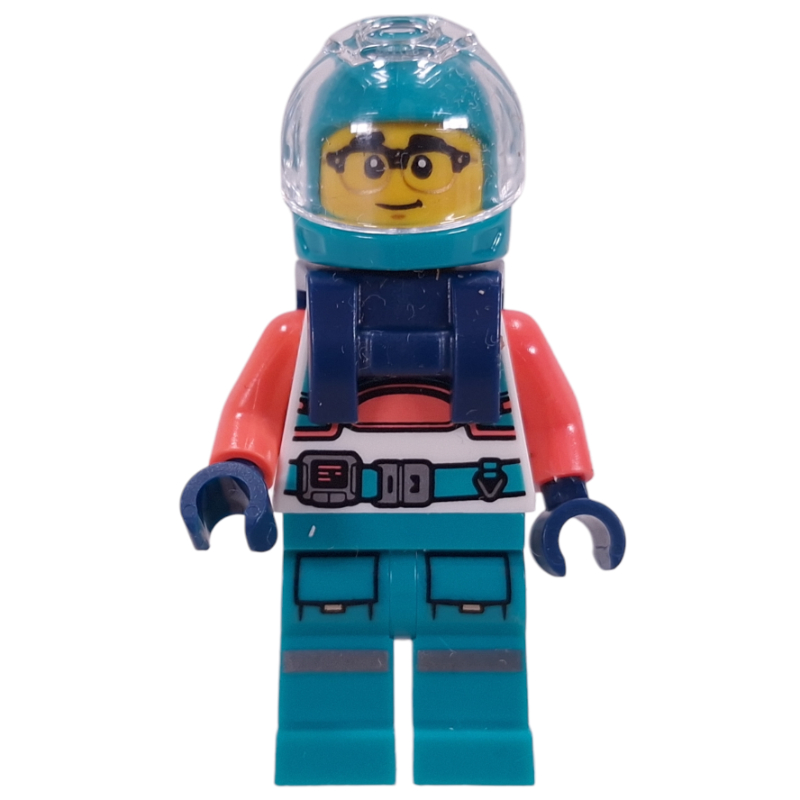 Lego Astronaut, White/Coral Suit, Dark Turquoise Legs, Helmet, Dark Blue Harnass