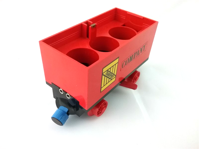 Lego Train Battery Box Car with Two Contact Holes, Red Switch Lever, Blue and Red Magnets, and Red Wheels with 'TRANSPORT' on Yellow Box and 'COMPANY' Pattern on Both Sides (Stickers) - Set 180