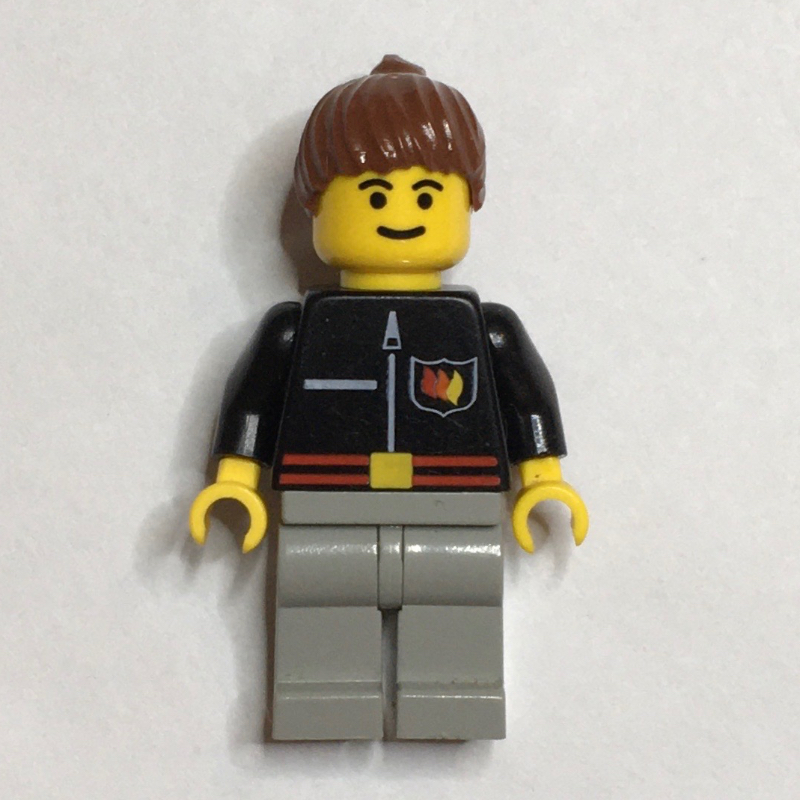 Lego Firewoman, Black Fire Jacket with Red Belt and Badge, Brown Hair