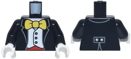 Torso Tuxedo Jacket Open over White Vest with Dark Bluish Gray Buttons, Red Cummerbund, Large Yellow Bow Tie Pattern / Black Arms / White Hands / Black