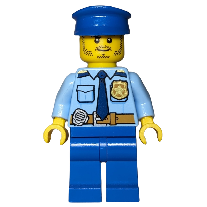 Lego Policeman, Bright Light Blue Shirt with Dark Blue Tie, Badge, and Radio on Belt, Blue Legs, Blue Hat