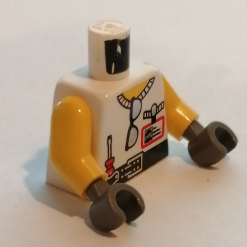 Lego Torso Vest, Sunglasses, Screwdriver, Clapboard on Back Print, Yellow Arms, Dark Gray Hands / White