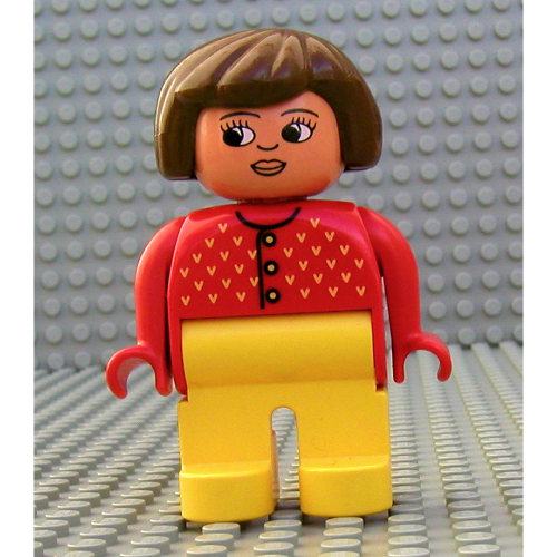 Lego Duplo Figure, Early, Hair Bob Brown, Yellow Legs, Yellow 'V's, and Nose Pointing Down Print / Red