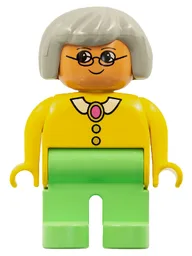 Duplo Figure - Female, Adult Woman, Medium Green Legs, Yellow Top with Collar, Buttons, and Brooch Pattern, Light Gray Hair, Nougat Head (75484)