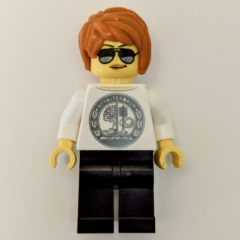 Lego Race Driver - White Torso, Black Legs, Dark Orange Hair
